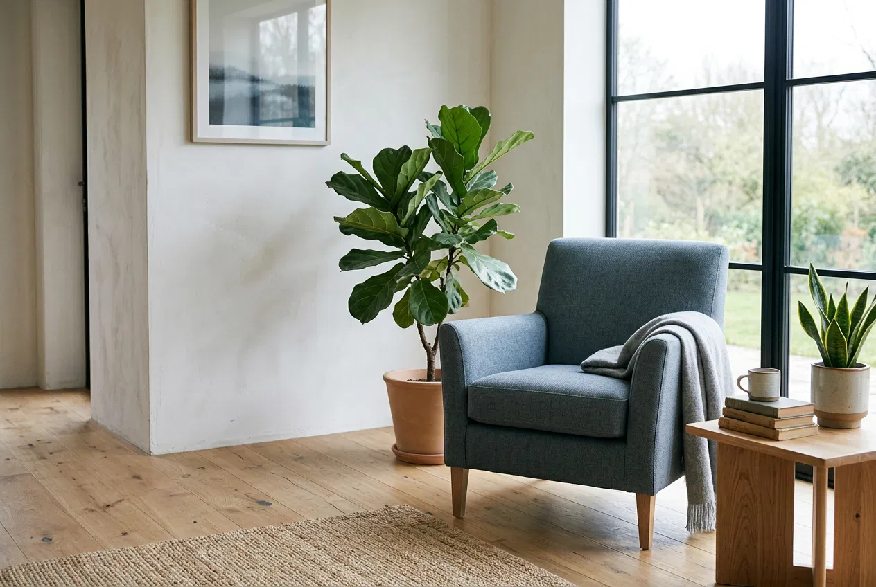 Een lichte kantoorruimte met houten bureau, notitieboekjes en een plant op een vensterbank in Groningen