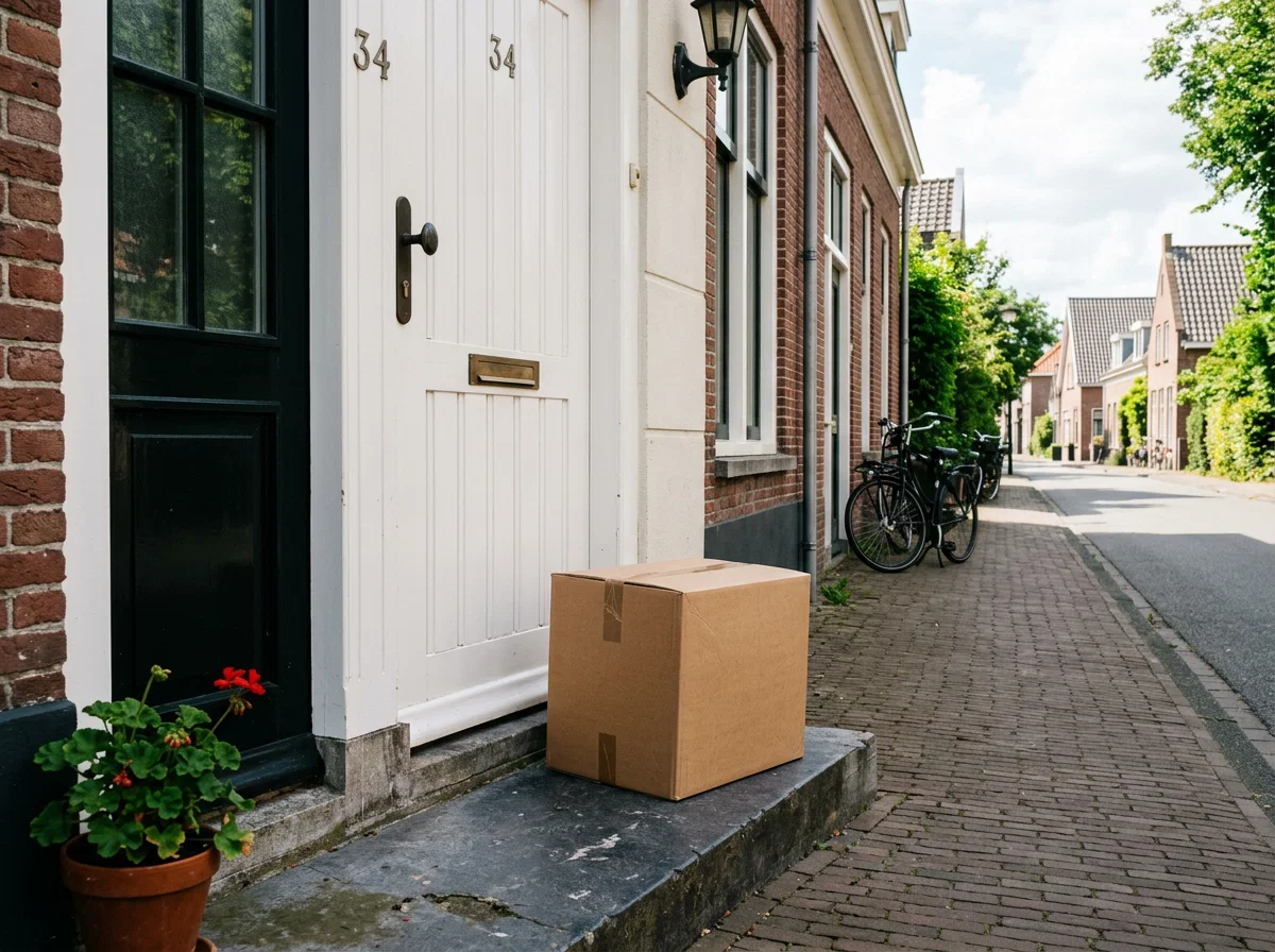 Een bruin pakket op een deurmat voor een witte voordeur op een rustige Nederlandse straat