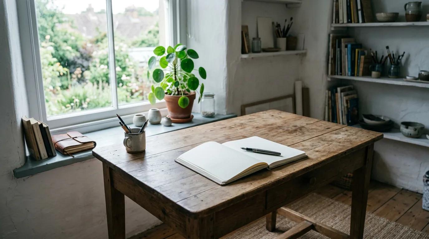 Een rustieke houten tafel met een open notitieboekje en een pen in een lichte, ruime werkruimte