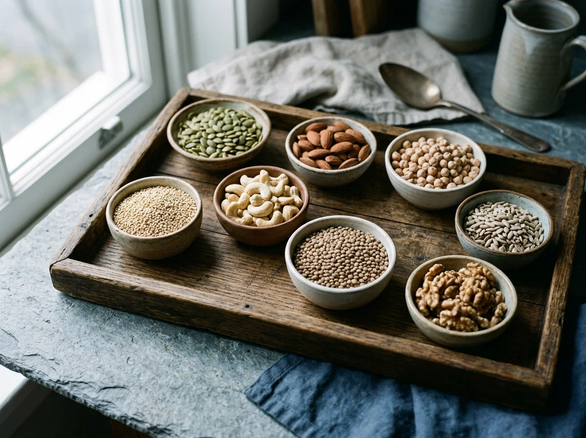 Kleine bakjes met gedroogde zaden, noten en peulvruchten op een houten dienblad - rijke bronnen van mineralen