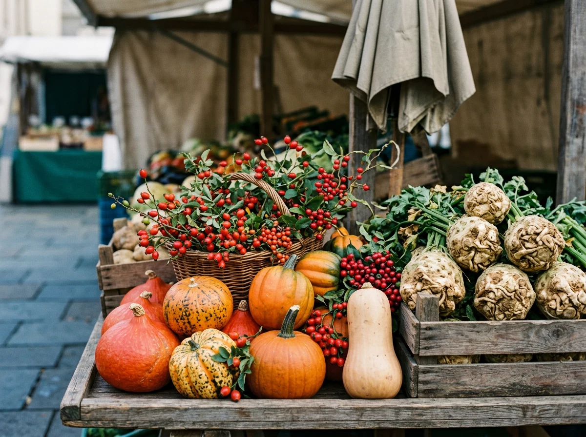 Seizoensgroenten en fruit op een markt: pompoenen, rode bessen en knolselderij in herfsttinten