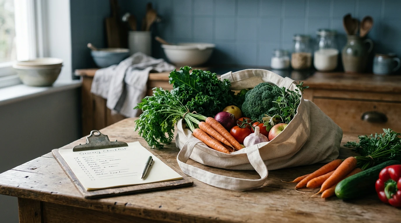 Een checklist op een klembord naast een tas met boodschappen en verse groenten op een keukentafel