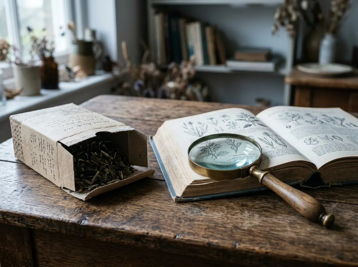 Een geopende verpakking van een voedingsproduct naast een woordenboek en een vergrootglas op een tafel